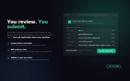 Linora :: Linora — AI-tailored resume autofill for job applications