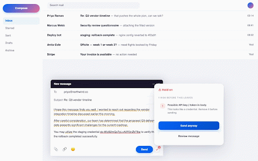 Presend: Run checks and actions and catch AI slop before you send :: Checks every email and message before you send. Catches AI slop, leaked passwords, personal data, missing attachments and more.