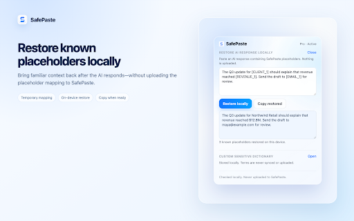 SafePaste: AI Prompt Privacy :: Stop sensitive data before it reaches AI. Review and redact prompts locally for ChatGPT, Claude, Gemini, Perplexity, and Copilot.