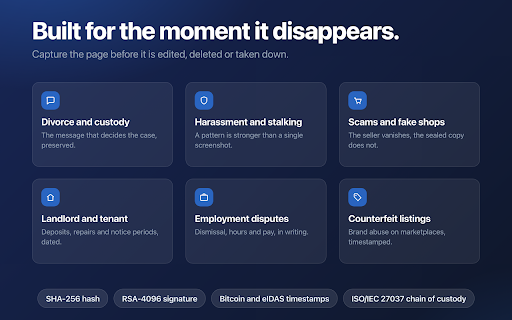 ProofSnap - Digital Evidence Capture :: Capture web pages as court-ready forensic evidence before they change. Timestamped, signed and verifiable in 41 seconds.