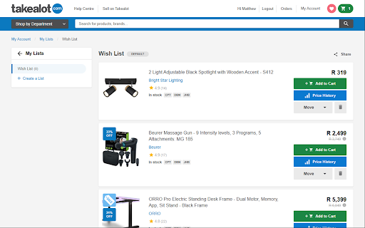 Takealot Price History :: Track price history on Takealot product pages and wishlists with one-click access to Serval Tracker charts. Never miss a deal again!