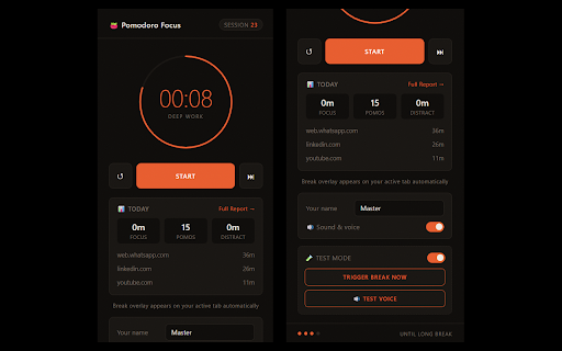 Pomodoro Focus — Celestiace :: Pomodoro timer with site tracking, daily report dashboard, and personalized voice break alerts.