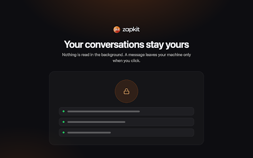 Zapkit for WhatsApp Web: transcribe, translate, privacy :: Tools inside WhatsApp Web: transcribe, translate and rewrite, plus privacy, reminders, quick replies and a PIN lock.