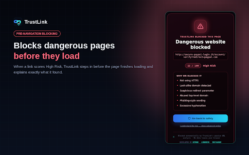 TrustLink :: Verify the link. Protect the click. A passive, privacy-first risk assistant that scores any site 0-100 and explains exactly why.