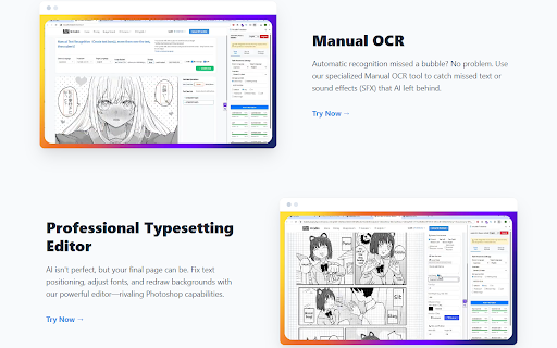 Mcabin Translator - Manga、Webtoon & Comic Translator :: AI Manga Assistant. Single/batch upload translation. One-click gallery for reading, pro typesetting & image retouching.