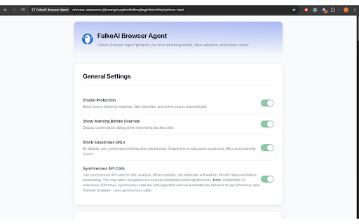 FalkeAI Browser Agent :: Block phishing sites in real time via Deephish. Optional on-device LLM DLP & download protection. Caching & warnings.