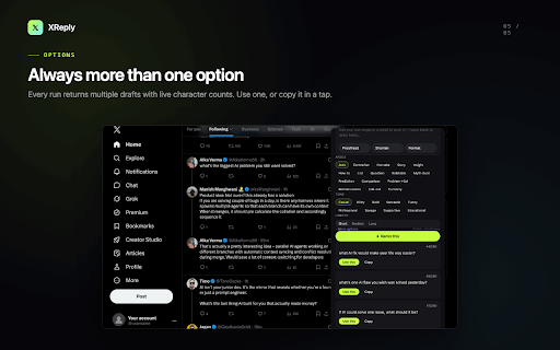 XReply :: AI for X: write replies, remixes, and quote-tweets in seconds. Drafts, your choice of tone — you always review and send.