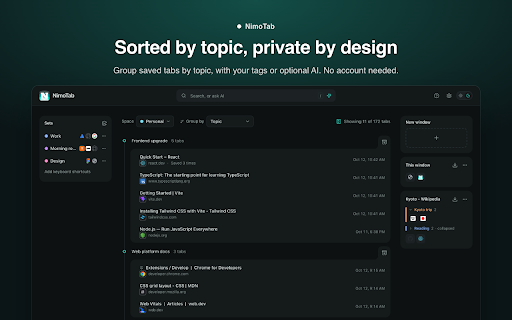 NimoTab :: Save tabs for later and find them in seconds. A tab manager that closes clutter, groups tabs and removes duplicates.