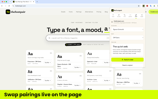TheFontPair — Font & Pairing Inspector :: Inspect any site's font pairing, colors, and type anatomy — then swap pairings live and share branded specimen cards.