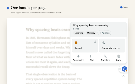 Winda :: Read any webpage with AI beside you. Ask questions and turn what you read into flashcards and quiz questions.