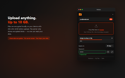 FileShot - Secure File Sharing :: Zero-knowledge encrypted file sharing. Drag & drop upload, screenshots, page media scanner, and instant share links.