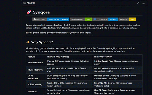 Synqora - Sync LeetCode, CodeChef & HackerRank :: Sync accepted coding solutions from LeetCode, CodeChef, and HackerRank to your GitHub repository.