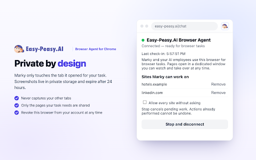 Easy-Peasy.AI Browser Agent :: Let Marky and your AI employees work in your own browser — pages open in a new tab you can watch and take over at any time.