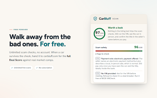 CarBluff Scan :: Free scam check for the used-car listing you're viewing. Scored on your device, no account, only when you click.