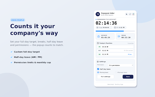 Zoho People Time Tracker :: See remaining work hours, punches, weekly summary, and permission usage from Zoho People - live in a popup, no page needed.