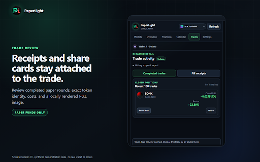 PaperLight :: Practice Solana, Robinhood Chain, BNB and Base spot trades with local paper wallets, chart fills, P&L tracking, and no real orders.