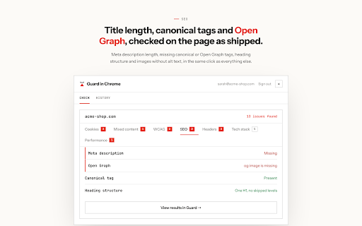 Guard: Website Security & Accessibility Checker :: Scan any page for cookie, header, mixed-content, SEO and WCAG accessibility issues, right from your own browser tab.