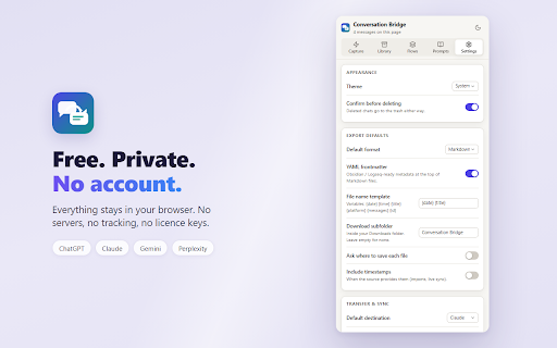 AI Conversation Bridge :: Save, search, export and organise your AI chat conversations locally, and hand a chat off from one assistant to another.