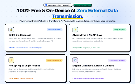 mazemaze :: Read foreign articles without a dictionary. Swaps part of page text into your target language. 100% on-device AI.