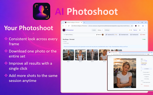 Artificial Intelligence Photoshoot :: Use Artificial Intelligence Photoshoot to create professional AI portraits and studio photos in just a few clicks.