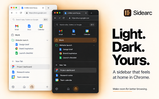 Sidearc: Vertical Tabs, Spaces & Side Panel Tab Manager :: Vertical tabs in Chrome's side panel. Organize too many tabs into spaces, folders, pins, tab trees, groups and search.