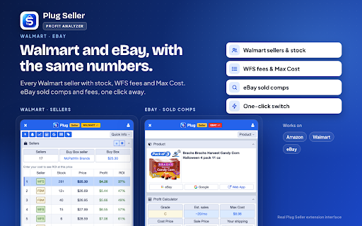 Plug Seller: Profit Analyzer :: Profit analyzer for Amazon, Walmart & eBay product pages: Max Cost, sales estimate, fees, BSR, Buy Box & offers.