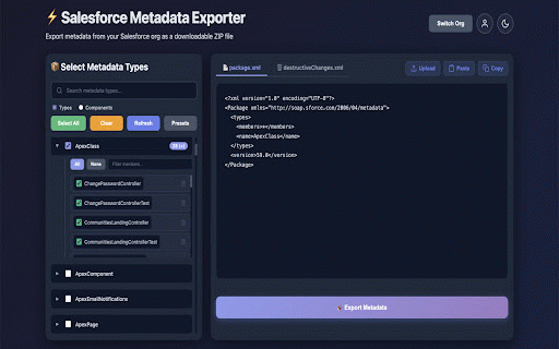 Salesforce Metadata Exporter :: Export Salesforce metadata (not data) as a ZIP file using the Metadata API. Requires active Salesforce session.