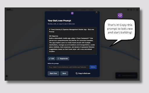 Bolt.new First Prompt Generator :: Your first Bolt.new prompt makes or breaks your project. Generate perfect prompts backed by 1500+ hours of building.
