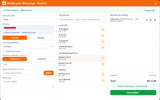 RestPro - Pedido pelo WhatsApp Web :: Monta e cria pedidos do RestPro direto na conversa do WhatsApp Web, usando o telefone e o nome do contato aberto.
