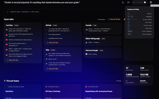 Browser Ninja :: Browser Ninja: Your ultimate productivity dashboard. Manage open tabs and take quick notes on a beautiful, gamified new tab page.