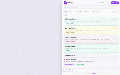 Notewise – Smart Site Notes :: Instantly jot notes tied to any website. Pin, tag, search, color-code and export notes – all stored locally. No account needed.