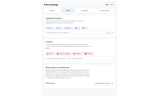 X-Pat — X profile location, filter and highlight :: See the country any X profile posts from — country flags, VPN warnings, and country filters, read from X's own data.