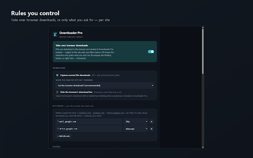 Downloader Pro Integration :: Send links and files from your browser to the Downloader Pro desktop download manager for faster, resumable downloads.