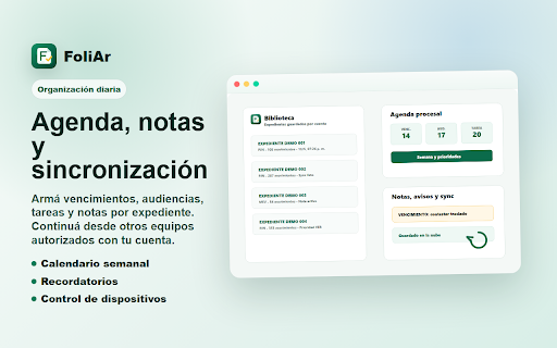FoliAr :: Biblioteca inteligente de expedientes PJN/MEV/EJE con movimientos, agenda, notas y licencia mensual.
