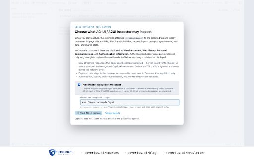AG-UI / A2UI Inspector :: Live wire log, flame timeline, time-travel debugger and A2UI surface inspector for AG-UI agents. By Soverius AI.
