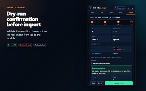 Veeva Vault Admin Helper :: Productivity tool for Veeva Vault CRM admins - API badges, record editing, metadata export (CSV/XLSX/JSON), bulk import and search.
