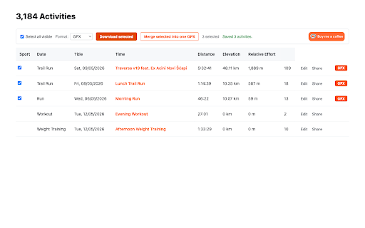 Strava Bulk GPX Export :: Bulk export from Strava's My Activities - GPX, TCX, original files, or one merged GPX. Runs locally in your browser.