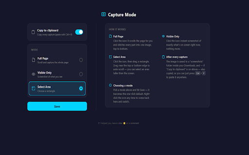 Full Page Screenshot - Scroll, Area & Full Capture :: Capture full pages, areas, or scrolling selections — and copy every shot to your clipboard to paste with Ctrl+V.