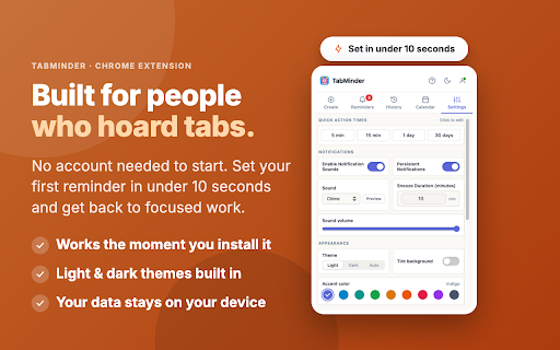 Tab Reminders – Smart Tab Reminder by TabMinder :: Tab reminders for Chrome. Set tab reminders to revisit websites later with smart notifications by TabMinder.