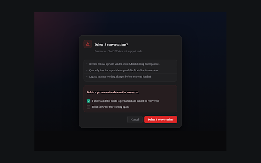 ChatGPT Bulk Delete :: Bulk delete ChatGPT chats faster with local search, year filters, and loaded Project chat selection.