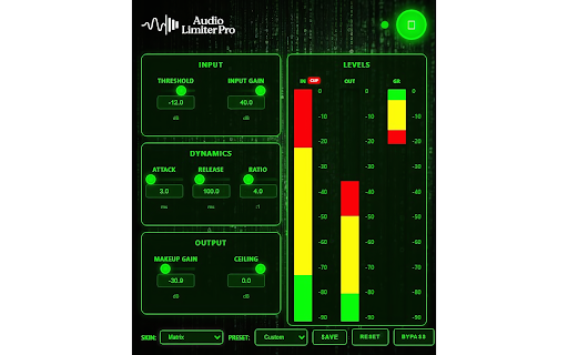 Audio Limiter Pro :: Professional audio limiter and compressor for web content. Control dynamics, prevent clipping, enhance listening.