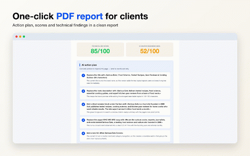 AI SEO & GEO Site Audit :: AI audit of SEO and GEO right on the page: action plan (what to rewrite), meta tags, headings and AI-bot access check.