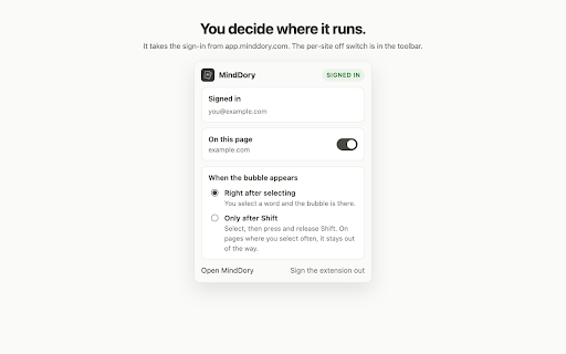 MindDory: Vocabulary Builder & Grammar Checker :: Select a word on any page to see the translation and save it as a card. Select a sentence you wrote and it checks your grammar.