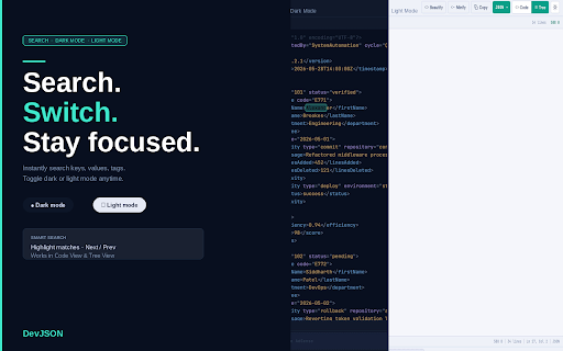 DevJSON - Advanced JSON & XML Formatter :: The cleanest JSON & XML viewer for developers. Beautify, minify, validate, tree view, copy path. Fast, private, zero bloat.