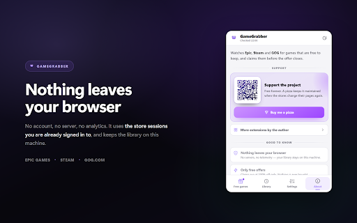 GameGrabber — Free Game Claimer :: Finds games that are temporarily free to keep on Epic, Steam and GOG, and claims them for you before the giveaway ends.