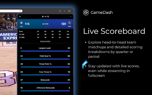 Live NBA Scores & Stats - GameDash :: Live NBA scores, stats & AI insights in‑browser with GameDash—real‑time box scores, highlights & alerts without leaving your stream.
