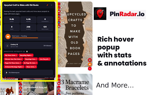 PinRadar.io — Viral Pins & Hidden Pinterest Analytics :: Reveal hidden Pinterest stats, viral scores, sort by engagement, export CSV, download HD media — all 100% local.