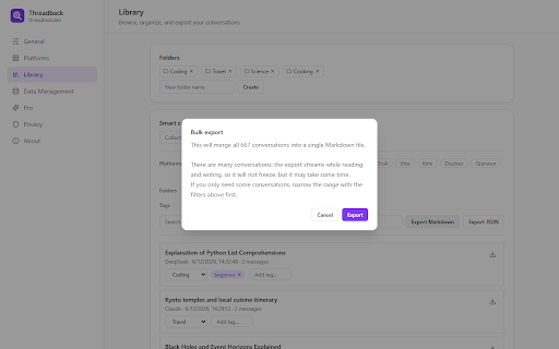 Threadback – Search Your AI Chat History :: Search, organize & export your AI chat history (ChatGPT, Claude & more). Local-first, zero upload. threadback.dev