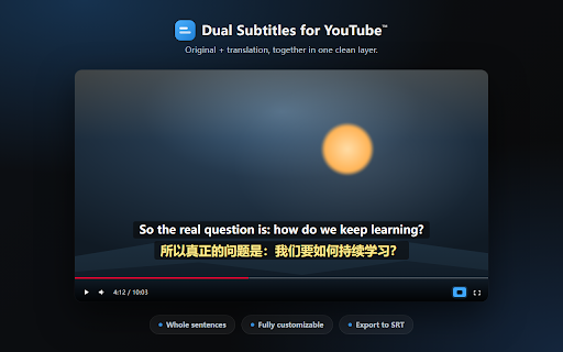 Dual Subtitles for YouTube™ :: Bilingual subtitles for YouTube — original and translation in one non-overlapping layer.