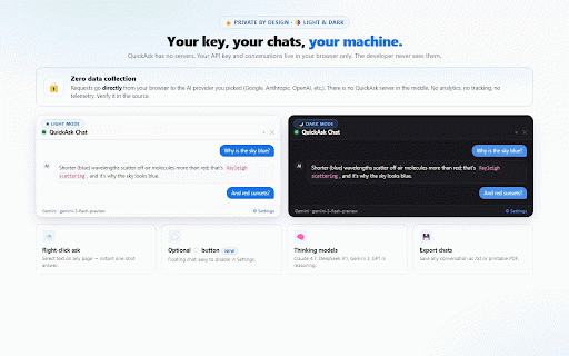 QuickAsk – Instant AI Chat :: Right-click any text to get instant AI answers. Use your own API key with the AI provider of your choice. Private, no sign-up.